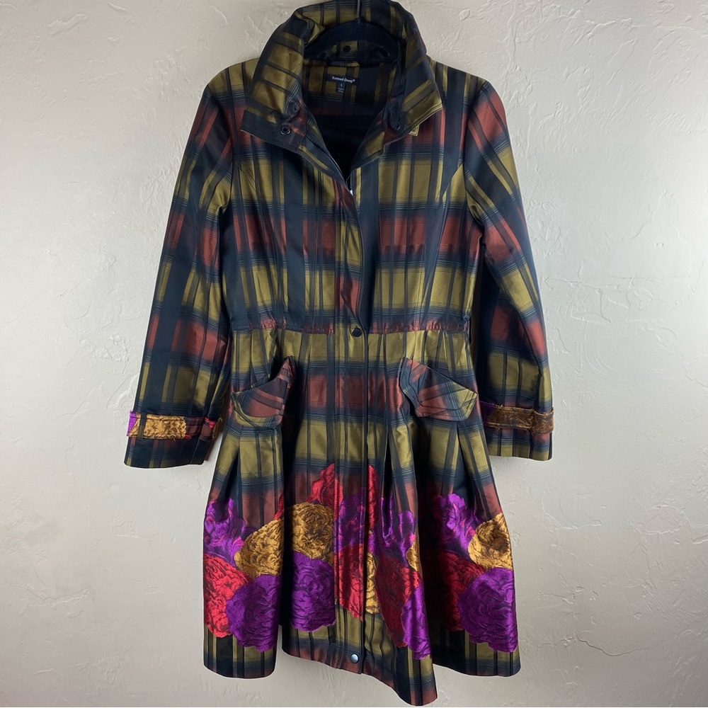 Samuel Dong Plaid Floral Bubble Trench Coat Jacket size small - Picture 2 of 13